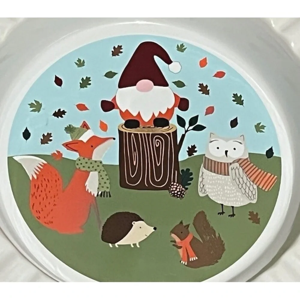 NANTUCKET Ceramic Pie‎ Plate Gnome Fox Squirrel Owl Fall Scene Leaves Autumn